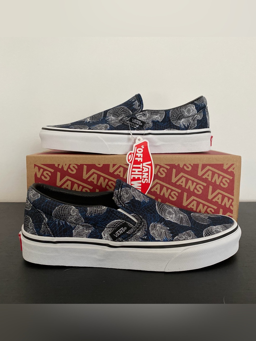 Vans Navy Slip-On Loafers with White Skull Print